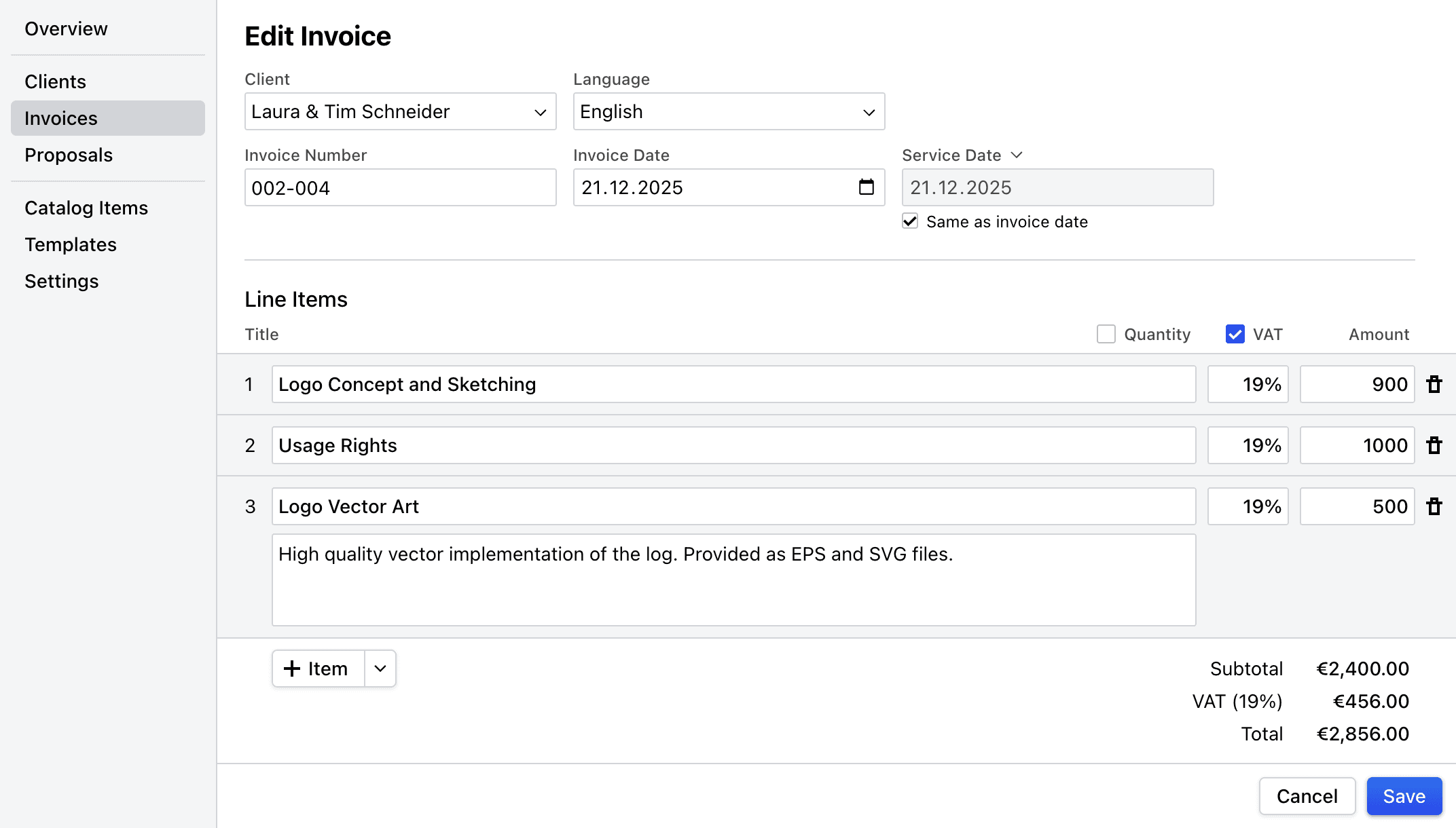 Screenshot of invoice creation in Cakedesk