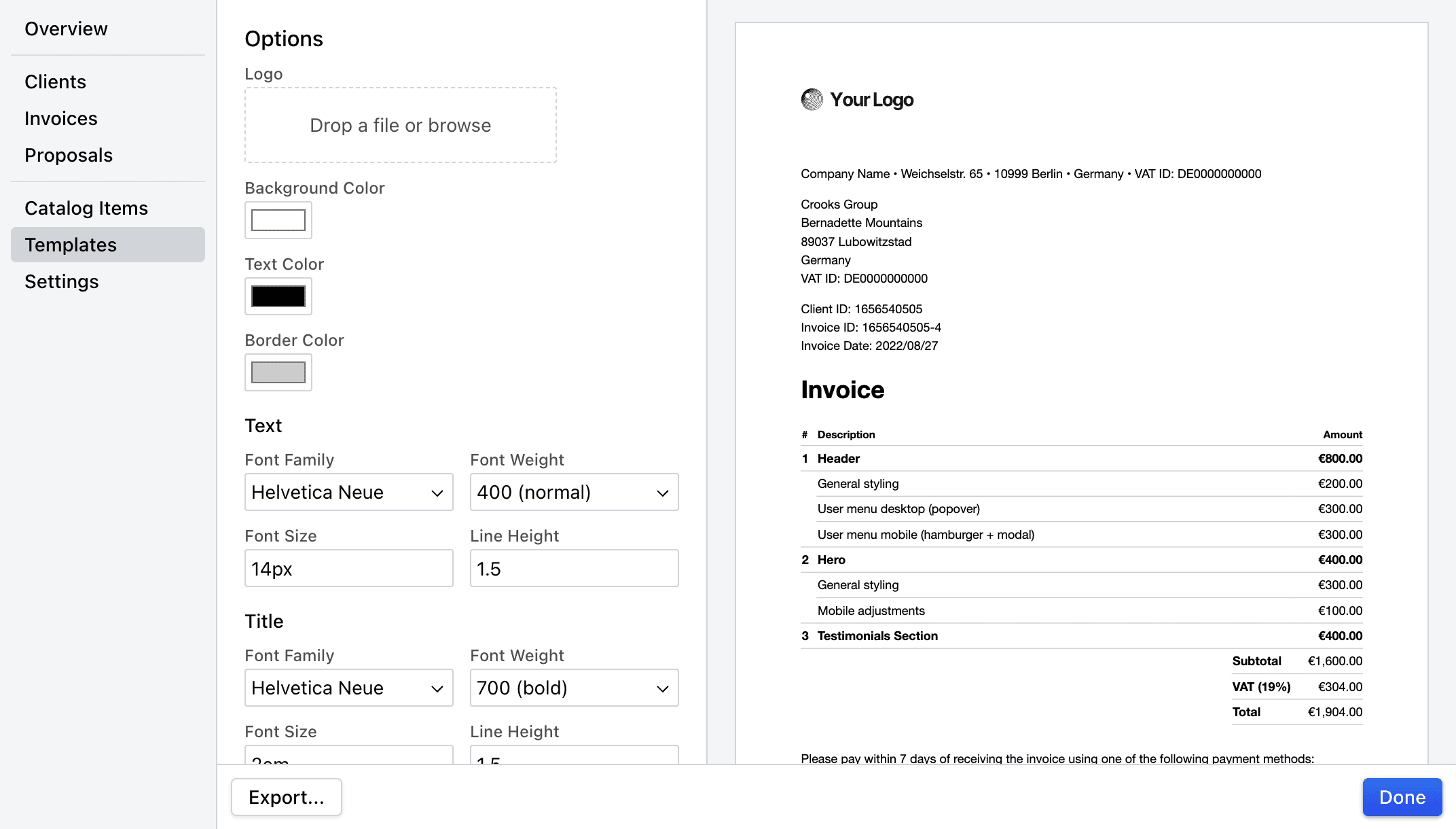 Screenshot of customization features in Cakedesk